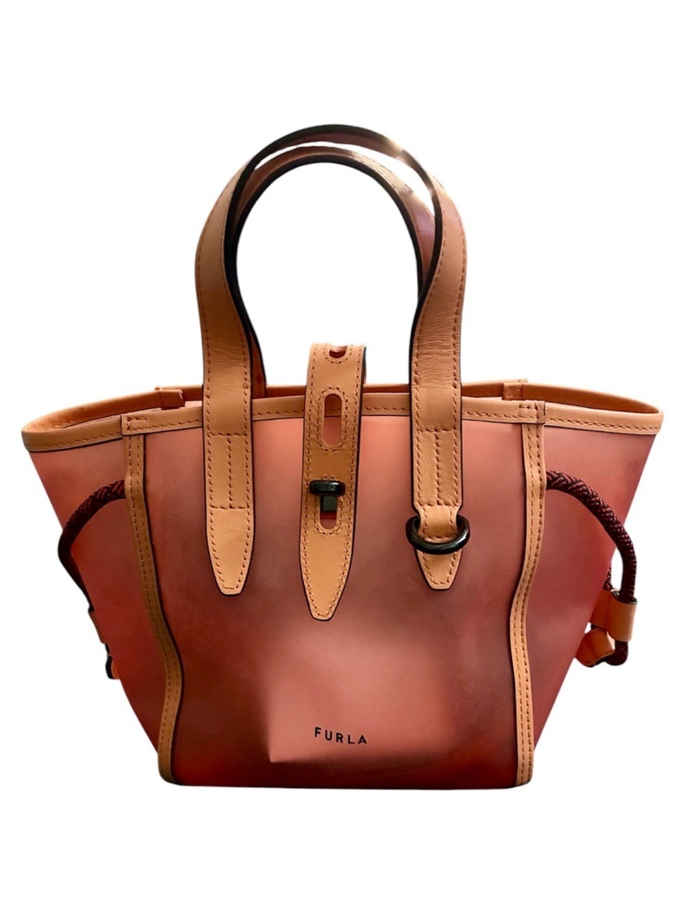 Furla Digizia Pink Jelly Tote Handbag Leather Trim Two Tone Cord Drawstring MINI - Picture 3 of 13